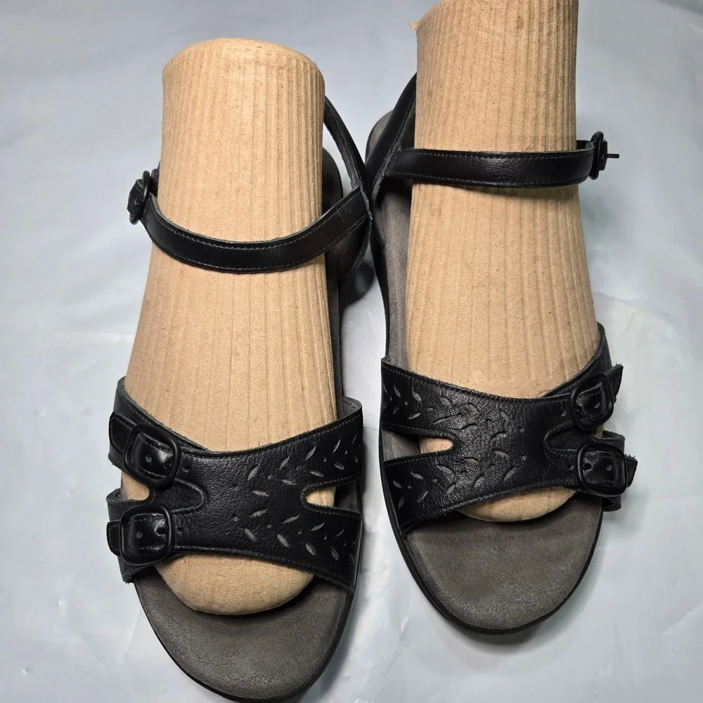 SAS Tripad Comfort Black Leather Wedge Sandals Womens 6.5 WW Wide Made in USA